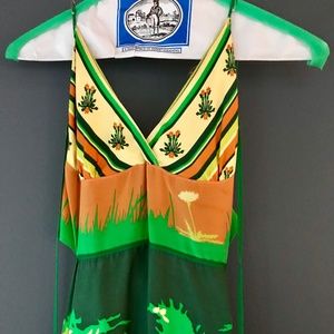 Silk dress high-low green/yellow/orange print